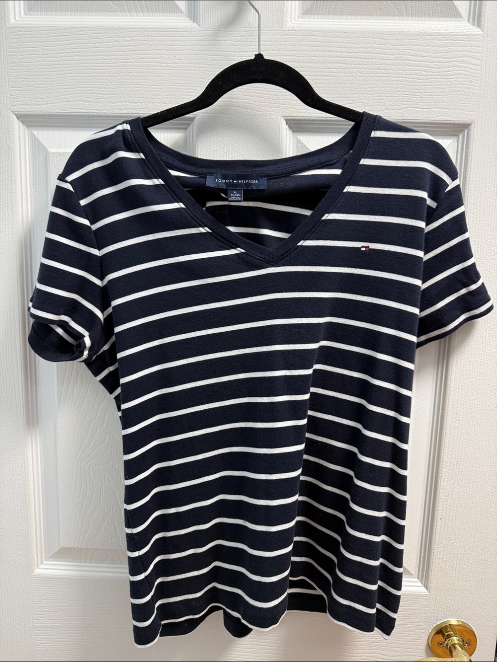 Tommy Hilfiger Navy & White Striped V-Neck Tee with Subtle Logo